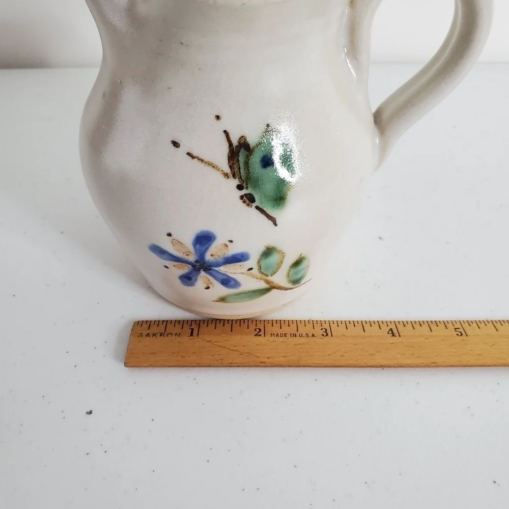 Vintage Dover Pottery Pitcher Artist Signed DBG 1984 Floral Butterfly Vase‎